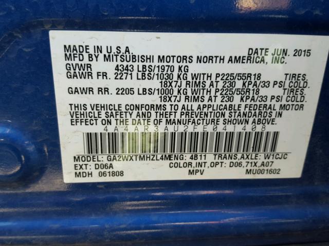 4A4AR3AU2FE041408 - 2015 MITSUBISHI OUTLANDER BLUE photo 10