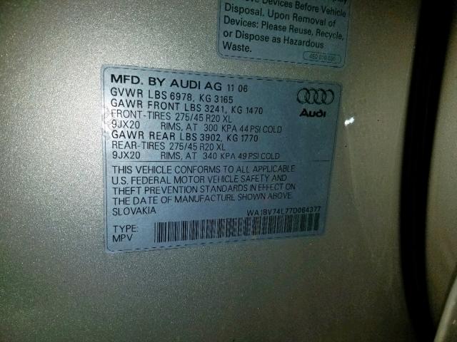 WA1BV74L77D064377 - 2007 AUDI Q7 4.2 QUA SILVER photo 10