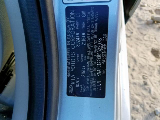 KNAFE122X85522078 - 2008 KIA SPECTRA EX SILVER photo 10