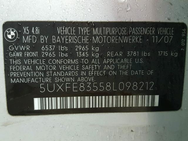 5UXFE83558L098212 - 2008 BMW X5 4.8I SILVER photo 10