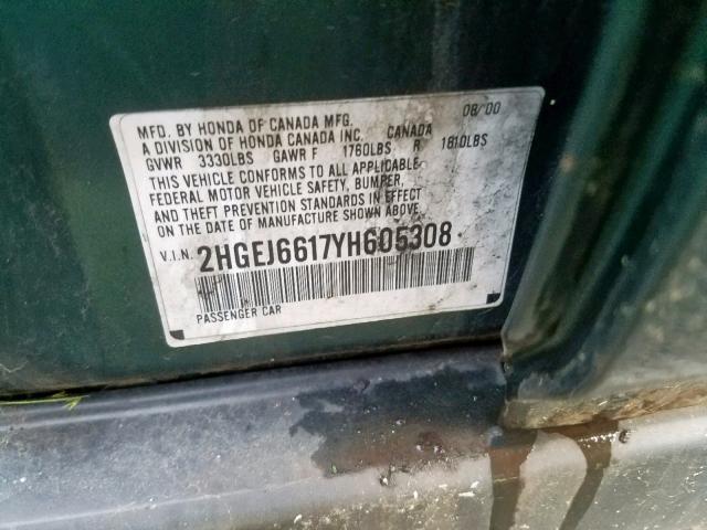 2HGEJ6617YH605308 - 2000 HONDA CIVIC BASE GREEN photo 10