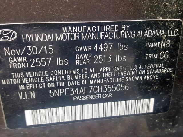 5NPE34AF7GH355056 - 2016 HYUNDAI SONATA SPO CHARCOAL photo 10