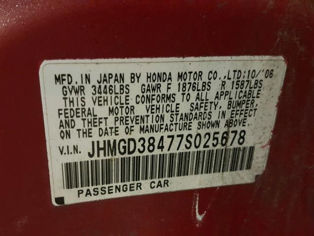 JHMGD38477S025678 - 2007 HONDA FIT RED photo 10