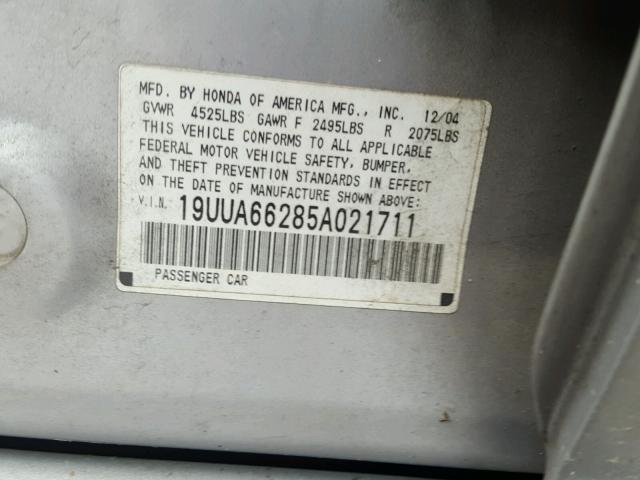 19UUA66285A021711 - 2005 ACURA TL SILVER photo 10