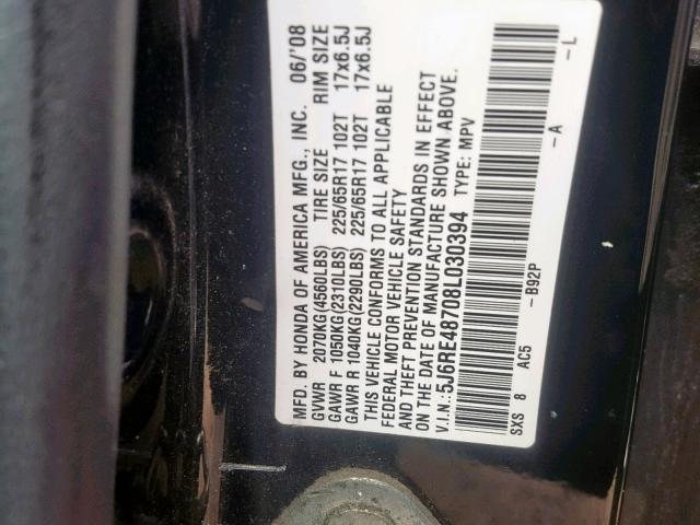 5J6RE48708L030394 - 2008 HONDA CR-V EXL BLACK photo 10