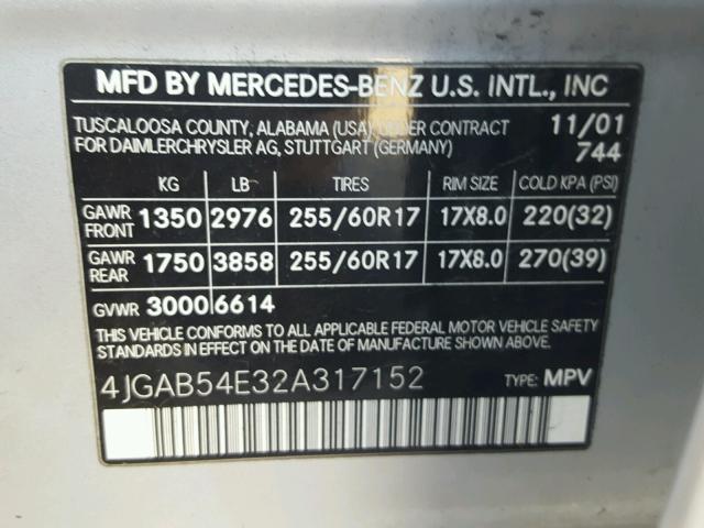 4JGAB54E32A317152 - 2002 MERCEDES-BENZ ML 320 SILVER photo 10