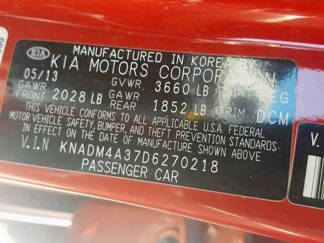 KNADM4A37D6270218 - 2013 KIA RIO LX RED photo 10