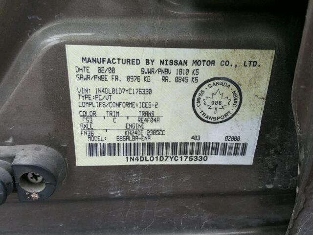 1N4DL01D7YC176330 - 2000 NISSAN ALTIMA XE TAN photo 10