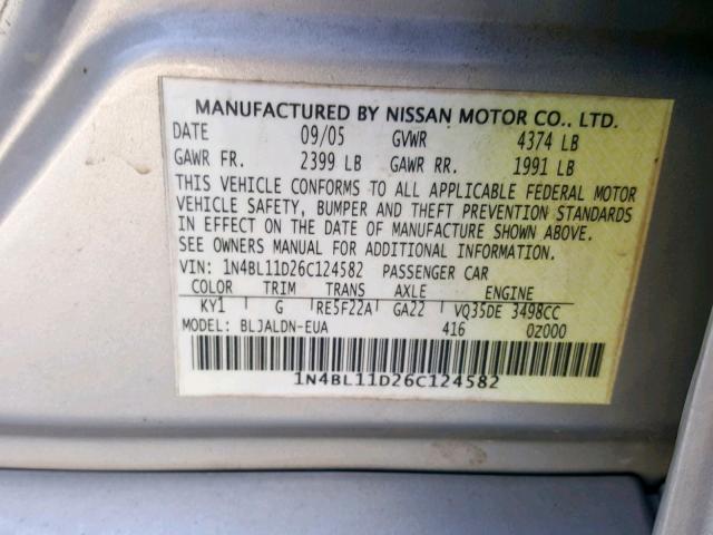 1N4BL11D26C124582 - 2006 NISSAN ALTIMA SE SILVER photo 10