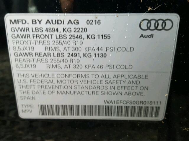 WA1EFCFS0GR018111 - 2016 AUDI Q3 PREMIUM BLACK photo 10