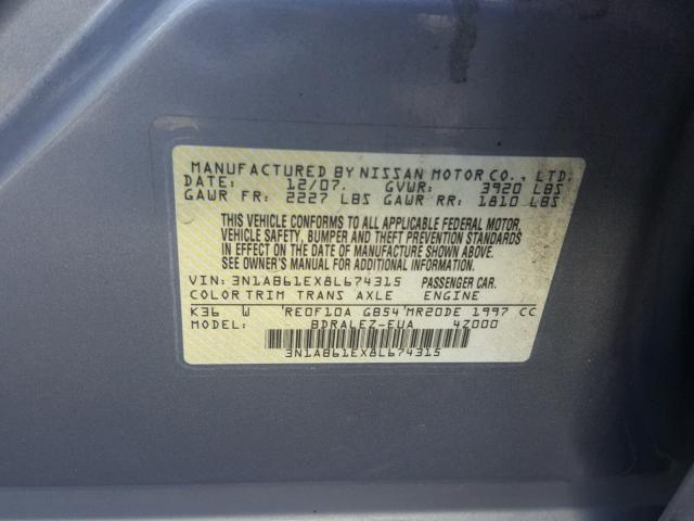 3N1AB61EX8L674315 - 2008 NISSAN SENTRA 2.0 GRAY photo 10