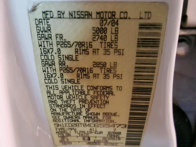 5N1ED28T04C655473 - 2004 NISSAN XTERRA XE WHITE photo 10