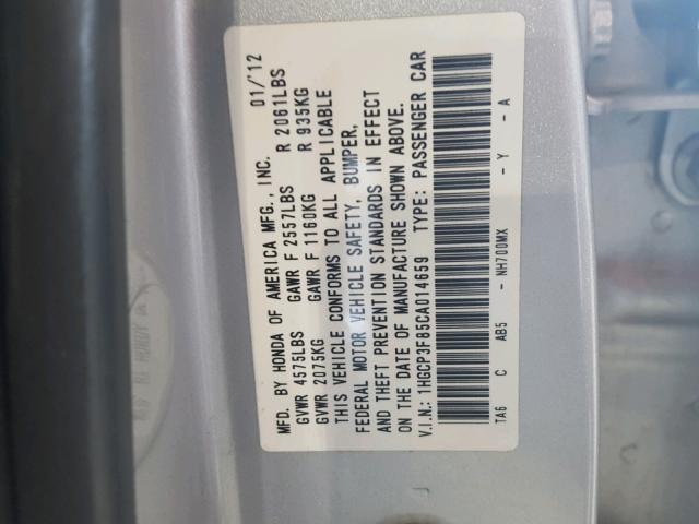 1HGCP3F85CA014659 - 2012 HONDA ACCORD EXL SILVER photo 10