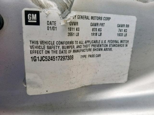 1G1JC524517297308 - 2001 CHEVROLET CAVALIER B SILVER photo 10