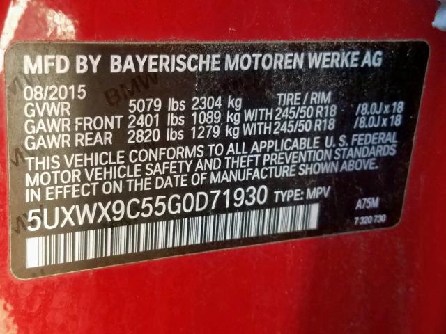 5UXWX9C55G0D71930 - 2016 BMW X3 XDRIVE2 RED photo 10