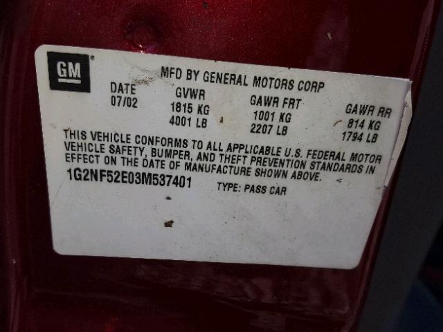 1G2NF52E03M537401 - 2003 PONTIAC GRAND AM S RED photo 10