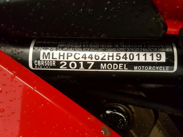 MLHPC4462H5401119 - 2017 HONDA CBR500 R RED photo 10