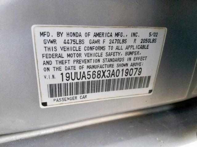 19UUA568X3A019079 - 2003 ACURA 3.2TL TYPE SILVER photo 10