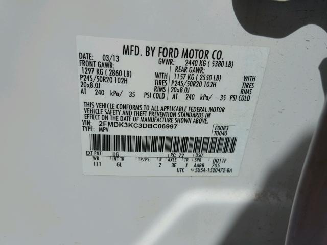 2FMDK3KC3DBC06997 - 2013 FORD EDGE LIMIT WHITE photo 10