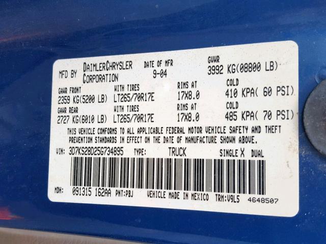 3D7KS28D25G734895 - 2005 DODGE RAM 2500 S ლურჯი ფოტო 10