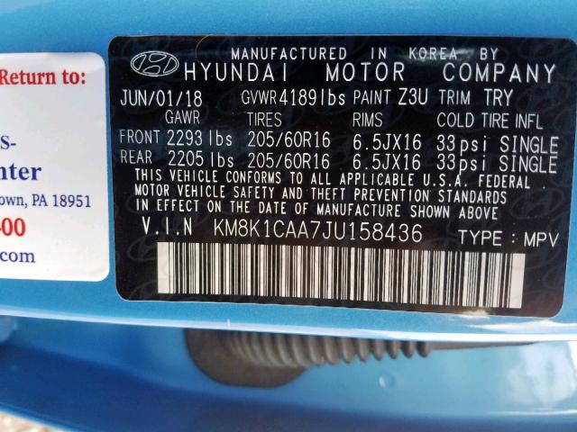 KM8K1CAA7JU158436 - 2018 HYUNDAI KONA SE BLUE photo 10