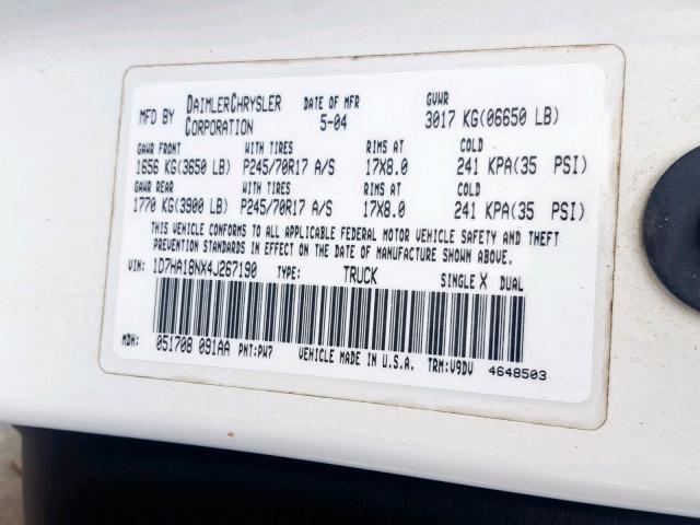 1D7HA18NX4J267190 - 2004 DODGE RAM 1500 S WHITE photo 10