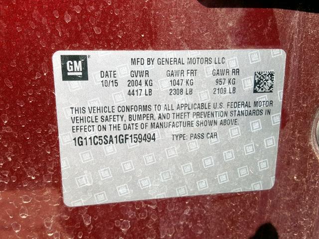 1G11C5SA1GF159494 - 2016 CHEVROLET MALIBU LIM BURGUNDY photo 10