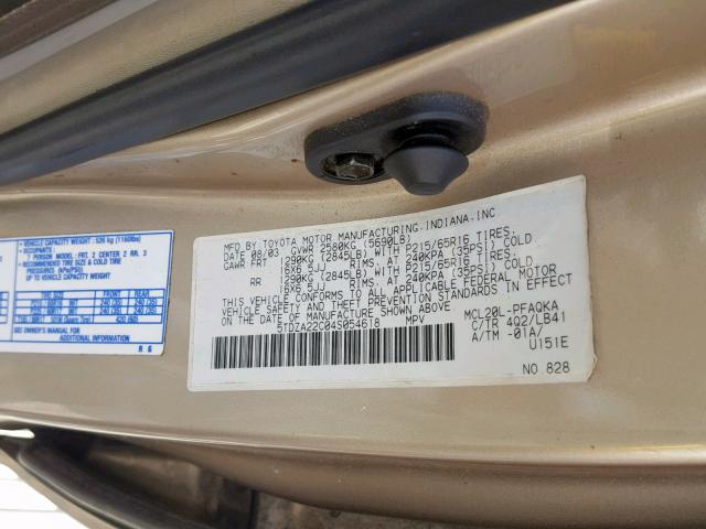 5TDZA22C04S054618 - 2004 TOYOTA SIENNA XLE GOLD photo 10