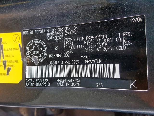 JTJHW31U372018959 - 2007 LEXUS RX 400H GRAY photo 10