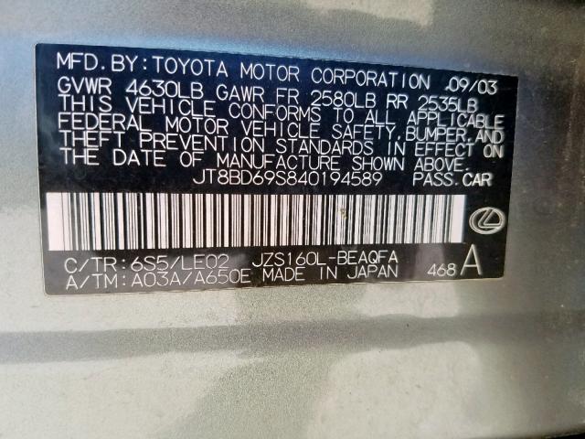 JT8BD69S840194589 - 2004 LEXUS GS 300 GREEN photo 10