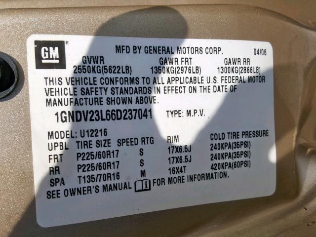 1GNDV23L66D237041 - 2006 CHEVROLET UPLANDER L GOLD photo 10