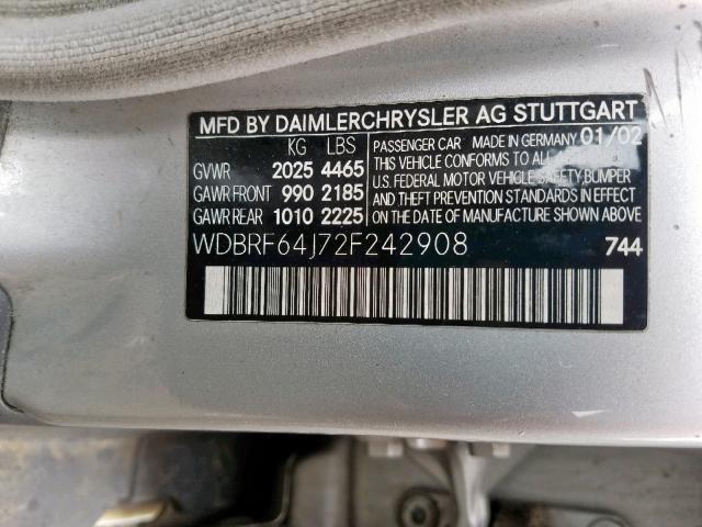 WDBRF64J72F242908 - 2002 MERCEDES-BENZ C 320 SILVER photo 10