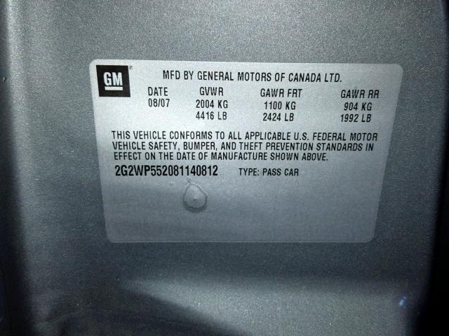 2G2WP552081140812 - 2008 PONTIAC GRAND PRIX GRAY photo 10