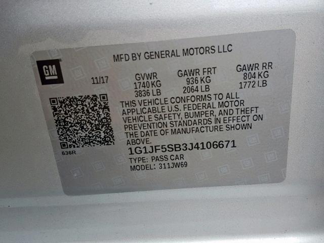 1G1JF5SB3J4106671 - 2018 CHEVROLET SONIC PREM SILVER photo 10