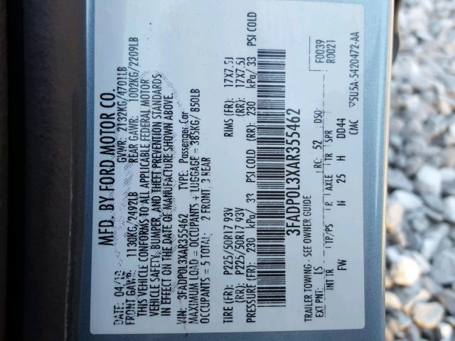 3FADP0L3XAR355462 - 2010 FORD FUSION HYB BLUE photo 10