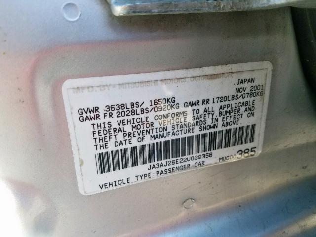 JA3AJ26E22U039358 - 2002 MITSUBISHI LANCER ES SILVER photo 10