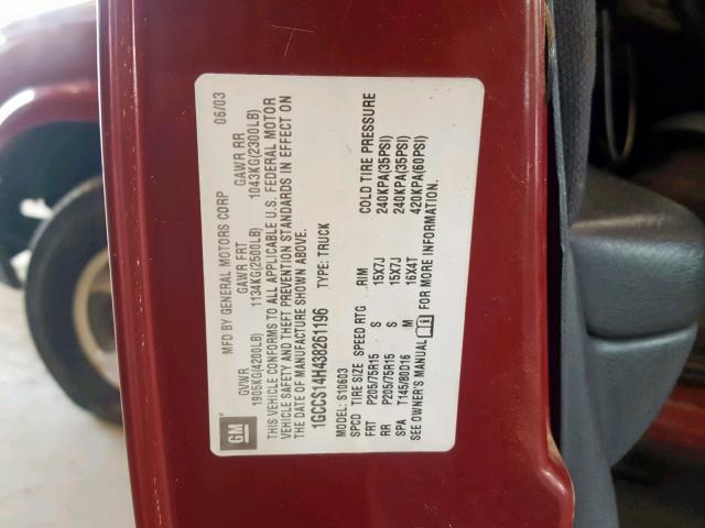 1GCCS14H438261196 - 2003 CHEVROLET S TRUCK S1 RED photo 10