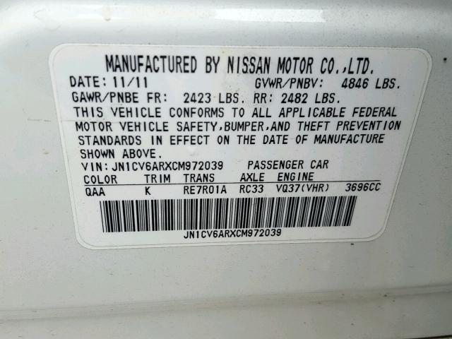 JN1CV6ARXCM972039 - 2012 INFINITI G37 WHITE photo 10