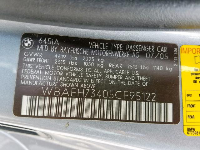 WBAEH73405CF95122 - 2005 BMW 645 CI AUT SILVER photo 10