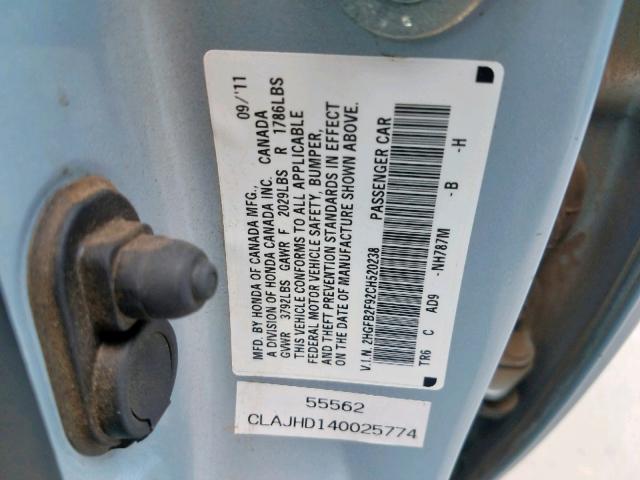 2HGFB2F92CH520238 - 2012 HONDA CIVIC EXL 蓝色 照片 10