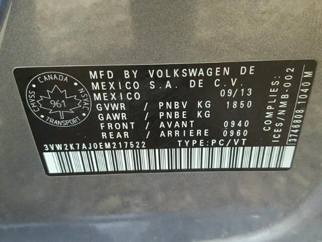 3VW2K7AJ0EM217522 - 2014 VOLKSWAGEN JETTA BASE GRAY photo 10