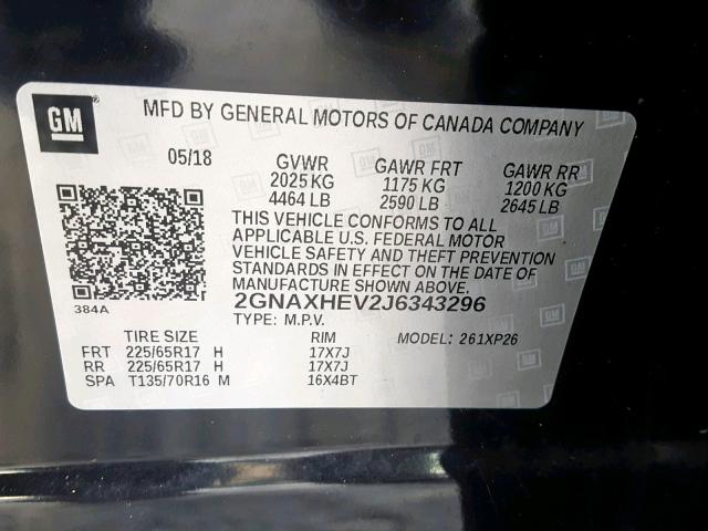 2GNAXHEV2J6343296 - 2018 CHEVROLET EQUINOX LS BLACK photo 10