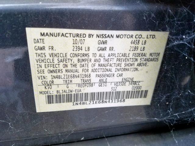 1N4BL21E68N431968 - 2008 NISSAN ALTIMA 3.5 GRAY photo 10