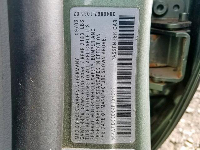 WVWPD63B64P104783 - 2004 VOLKSWAGEN PASSAT GLS GREEN photo 10