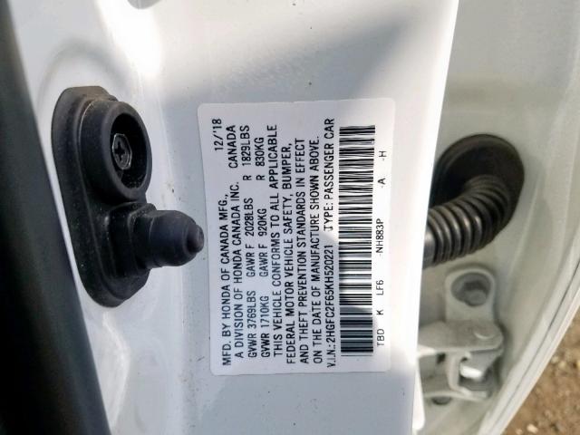 2HGFC2F65KH520221 - 2019 HONDA CIVIC LX WHITE photo 10