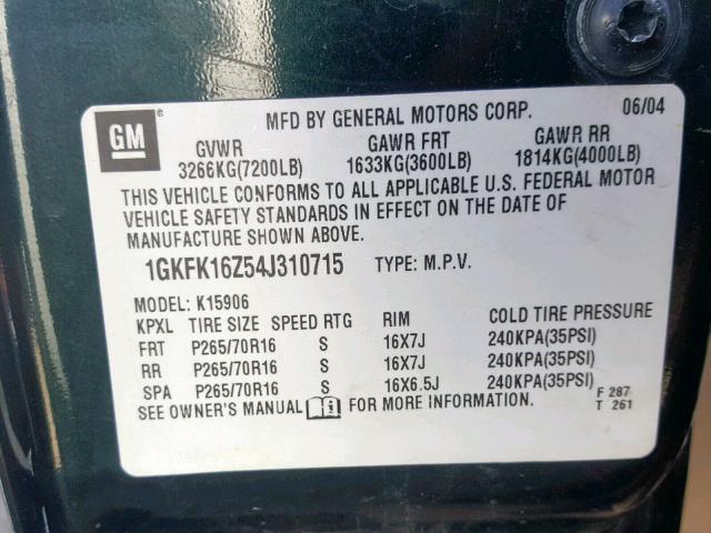 1GKFK16Z54J310715 - 2004 GMC YUKON XL K GREEN photo 10