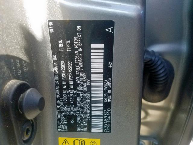 2T2BGMCA7KC032562 - 2019 LEXUS RX 450H GRAY photo 10