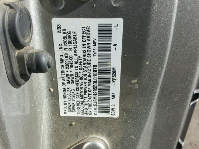 5J6YH28553L010978 - 2003 HONDA ELEMENT EX SILVER photo 10