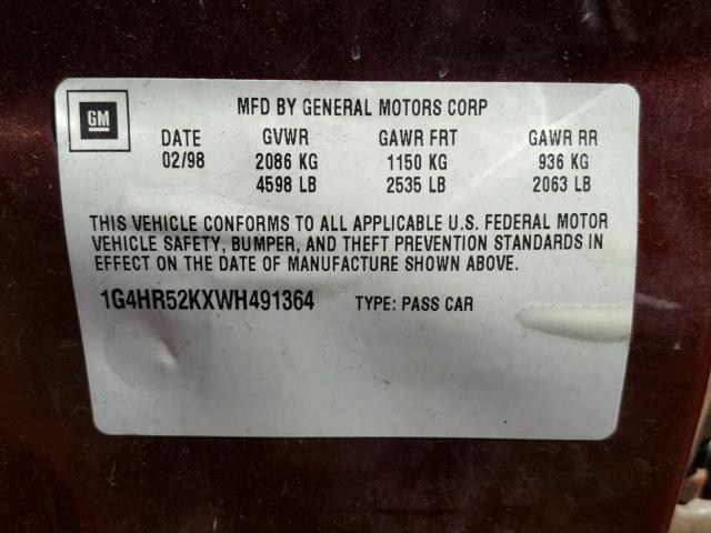 1G4HR52KXWH491364 - 1998 BUICK LESABRE LI MAROON photo 10