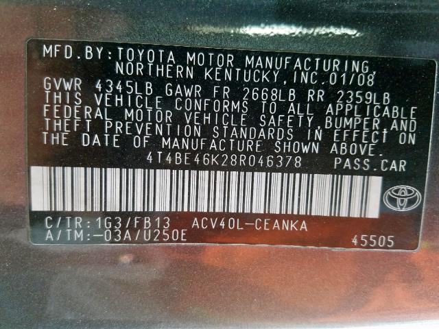 4T4BE46K28R046378 - 2008 TOYOTA CAMRY CE GRAY photo 10